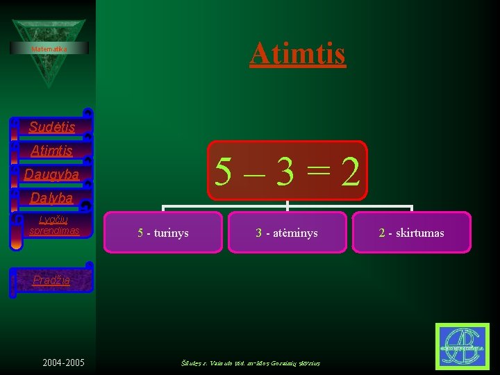 Atimtis Matematika Sudėtis Atimtis 5– 3=2 Daugyba Dalyba Lygčių sprendimas 5 - turinys 3 Atimtis Matematika Sudėtis Atimtis 5– 3=2 Daugyba Dalyba Lygčių sprendimas 5 - turinys 3