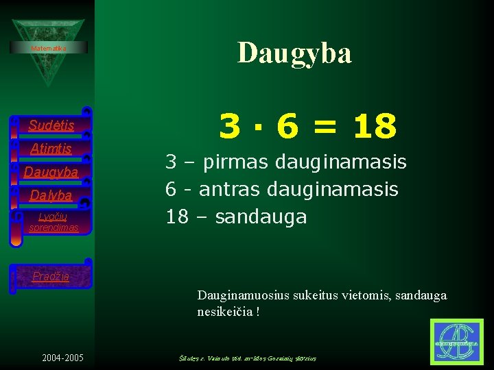Matematika Sudėtis Atimtis Daugyba Dalyba Lygčių sprendimas Daugyba 3 · 6 = 18 3 Matematika Sudėtis Atimtis Daugyba Dalyba Lygčių sprendimas Daugyba 3 · 6 = 18 3