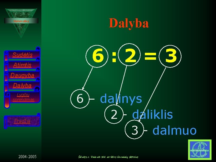 Matematika Sudėtis Atimtis Dalyba 6: 2=3 Daugyba Dalyba Lygčių sprendimas Pradžia 2004 -2005 6 Matematika Sudėtis Atimtis Dalyba 6: 2=3 Daugyba Dalyba Lygčių sprendimas Pradžia 2004 -2005 6