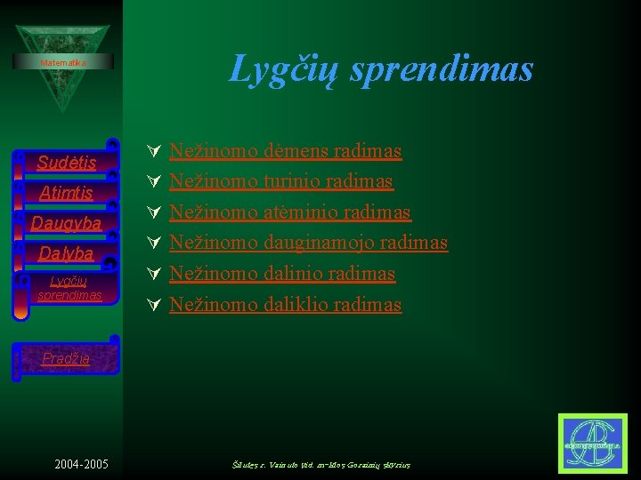 Matematika Sudėtis Atimtis Daugyba Dalyba Lygčių sprendimas Ú Nežinomo dėmens radimas Ú Nežinomo turinio Matematika Sudėtis Atimtis Daugyba Dalyba Lygčių sprendimas Ú Nežinomo dėmens radimas Ú Nežinomo turinio