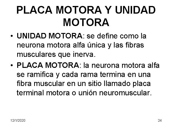 PLACA MOTORA Y UNIDAD MOTORA • UNIDAD MOTORA: se define como la neurona motora