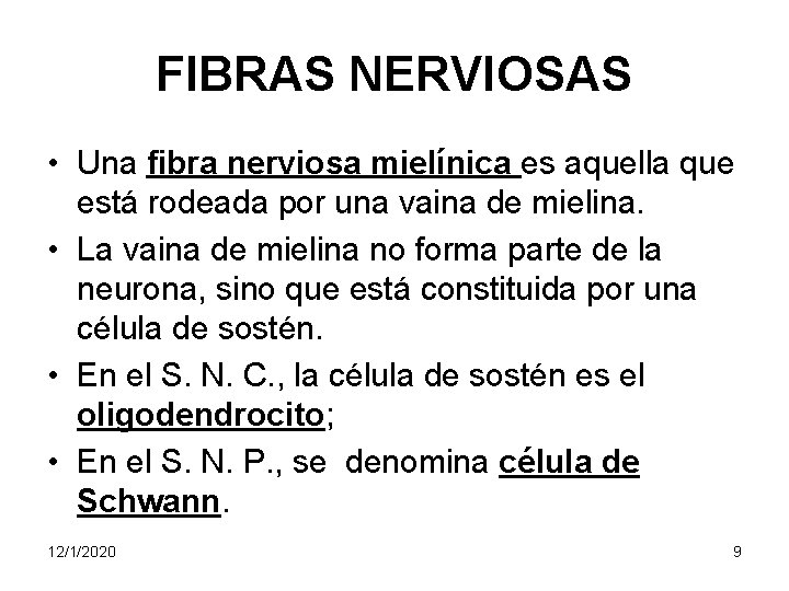 FIBRAS NERVIOSAS • Una fibra nerviosa mielínica es aquella que está rodeada por una