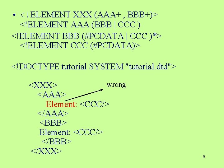• <!ELEMENT XXX (AAA+ , BBB+)> <!ELEMENT AAA (BBB | CCC ) <!ELEMENT • <!ELEMENT XXX (AAA+ , BBB+)> <!ELEMENT AAA (BBB | CCC ) <!ELEMENT