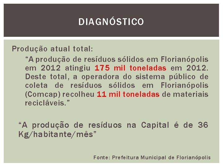 DIAGNÓSTICO Produção atual total: “A produção de resíduos sólidos em Florianópolis em 2012 atingiu