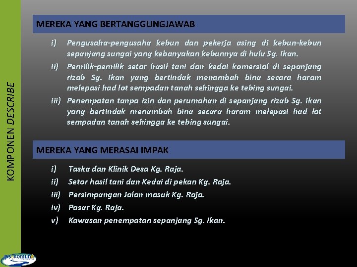 MEREKA YANG BERTANGGUNGJAWAB KOMPONEN DESCRIBE i) Pengusaha-pengusaha kebun dan pekerja asing di kebun-kebun sepanjang