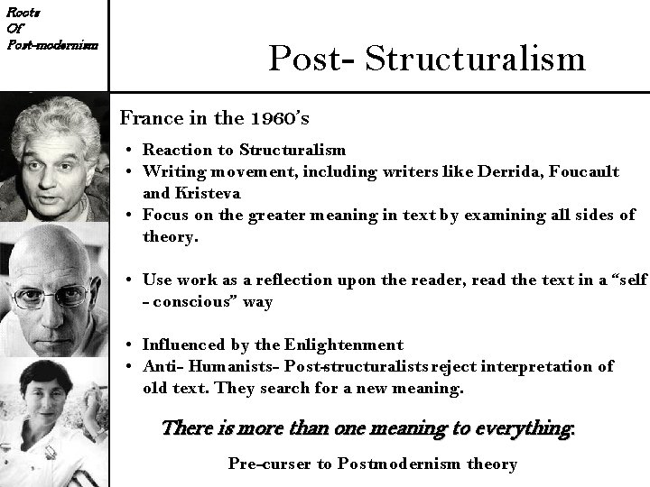 Roots Of Post-modernism Post- Structuralism France in the 1960’s • Reaction to Structuralism •