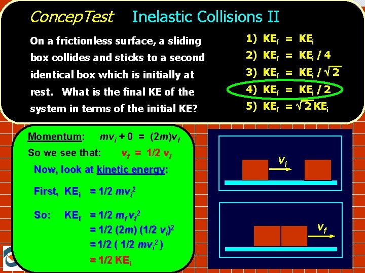 Concep. Test Inelastic Collisions II On a frictionless surface, a sliding 1) KEf =