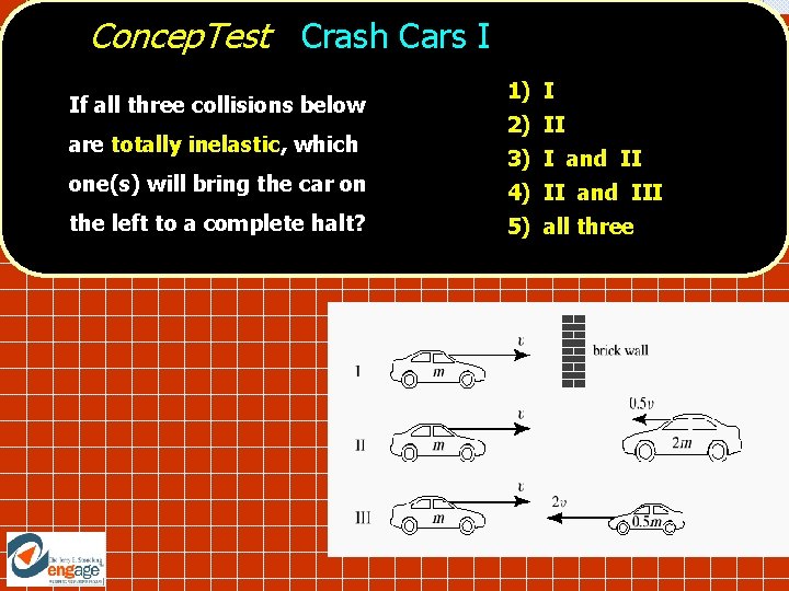 Concep. Test Crash Cars I If all three collisions below are totally inelastic, which