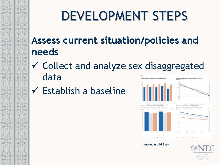 DEVELOPMENT STEPS Assess current situation/policies and needs ü Collect and analyze sex disaggregated data