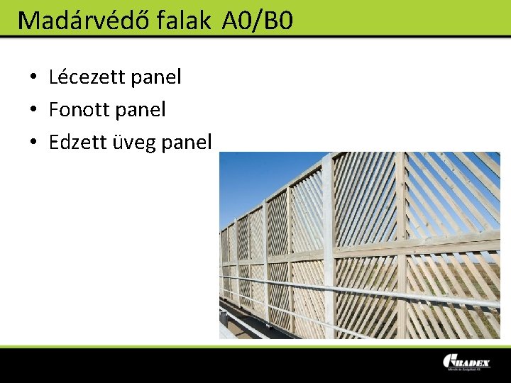 Madárvédő falak A 0/B 0 • Lécezett panel • Fonott panel • Edzett üveg