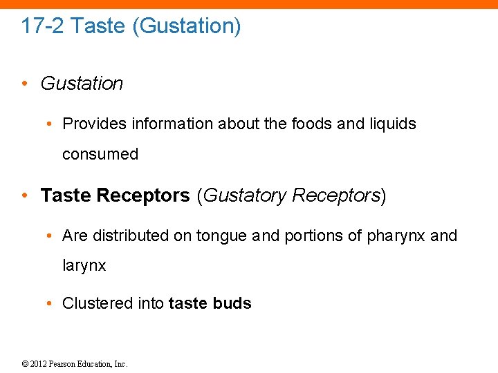 17 -2 Taste (Gustation) • Gustation • Provides information about the foods and liquids