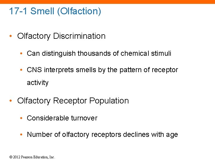 17 -1 Smell (Olfaction) • Olfactory Discrimination • Can distinguish thousands of chemical stimuli