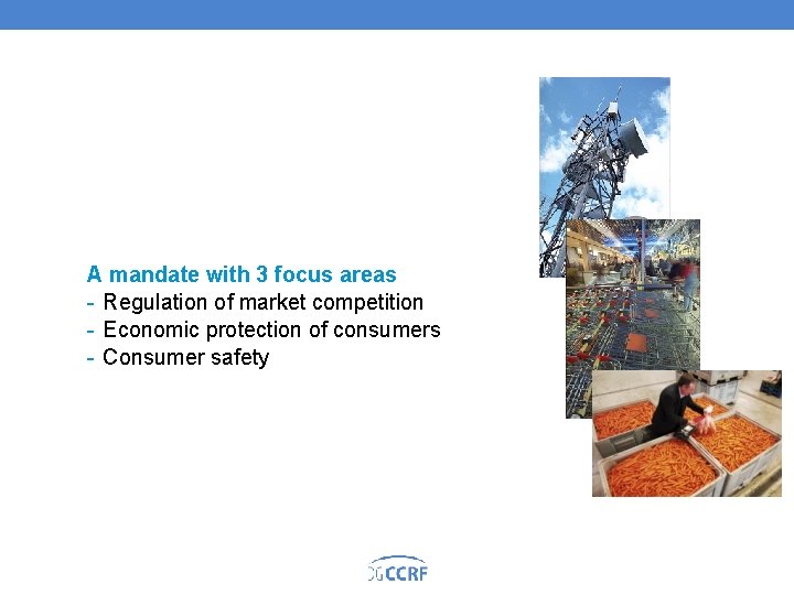 A mandate with 3 focus areas Regulation of market competition Economic protection of consumers