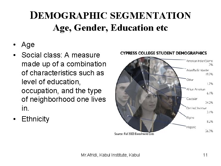 DEMOGRAPHIC SEGMENTATION Age, Gender, Education etc • Age • Social class: A measure made