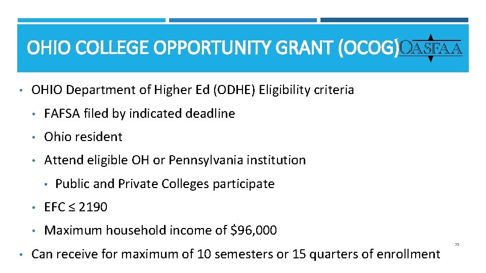 OHIO COLLEGE OPPORTUNITY GRANT (OCOG) • OHIO Department of Higher Ed (ODHE) Eligibility criteria