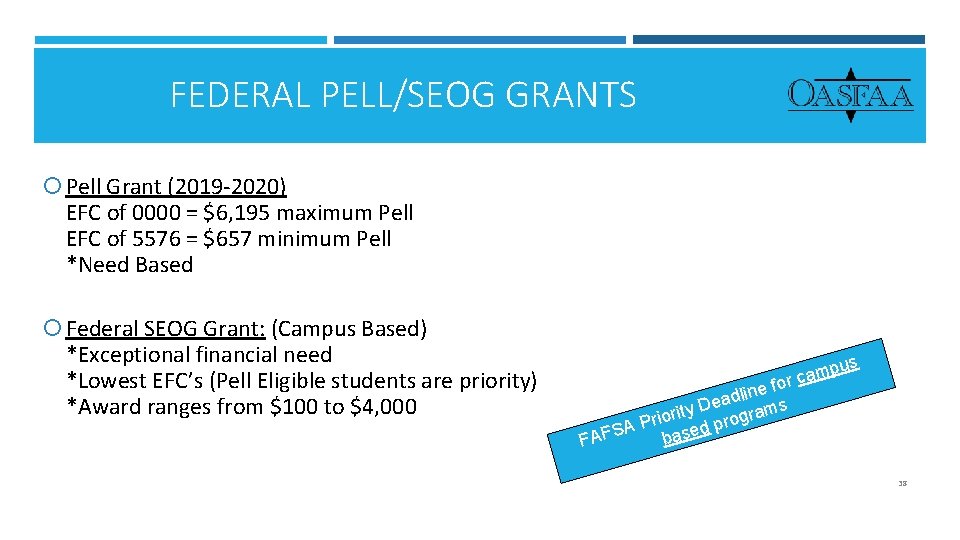 FEDERAL PELL/SEOG GRANTS Pell Grant (2019 -2020) EFC of 0000 = $6, 195 maximum