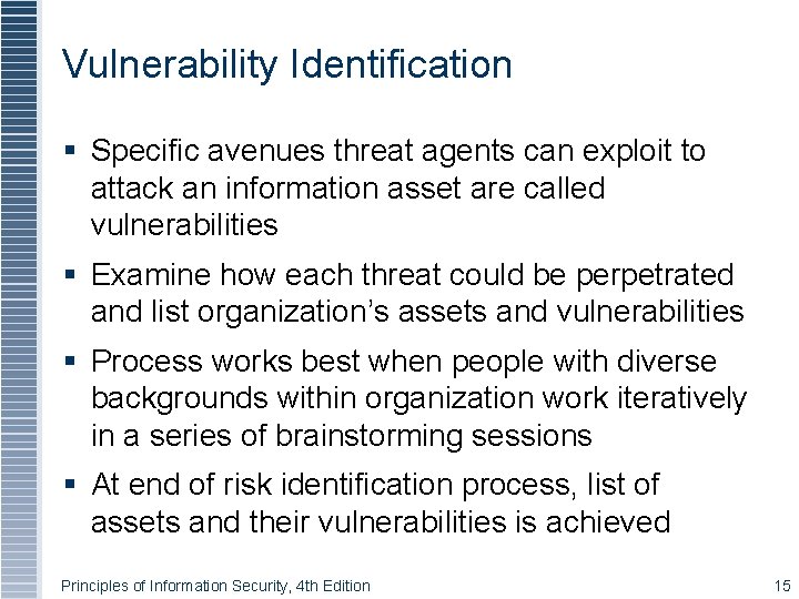 Vulnerability Identification Specific avenues threat agents can exploit to attack an information asset are