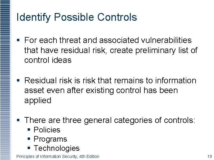 Identify Possible Controls For each threat and associated vulnerabilities that have residual risk, create