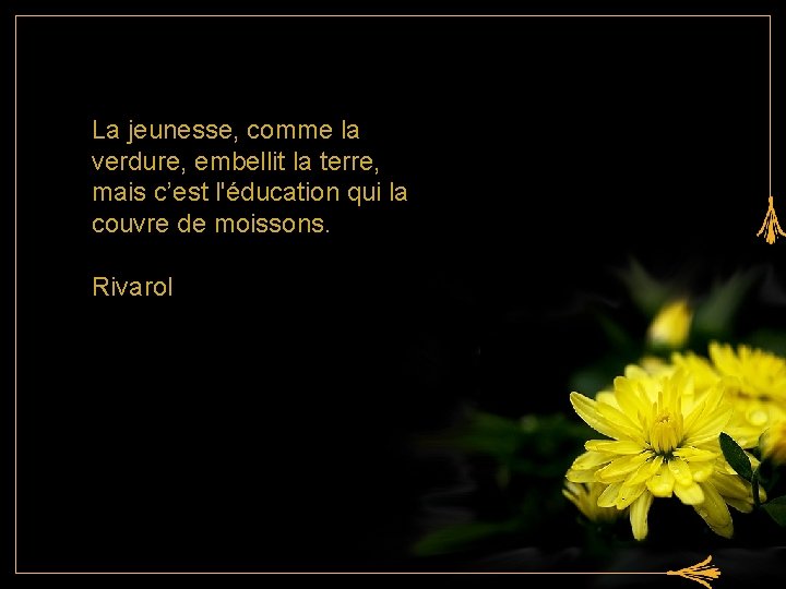 La jeunesse, comme la verdure, embellit la terre, mais c’est l'éducation qui la couvre