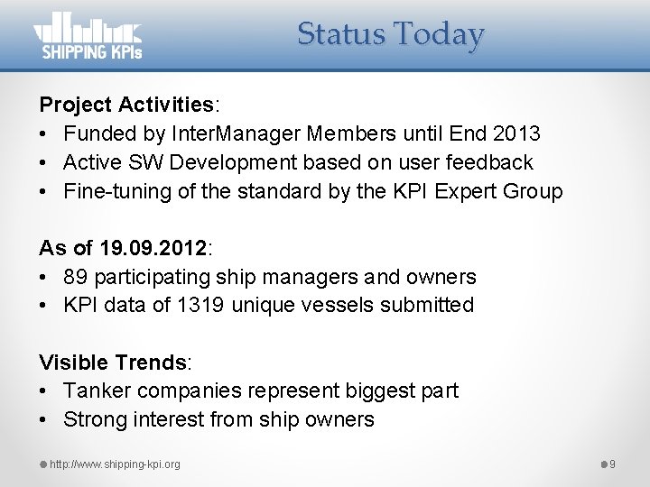 Status Today Project Activities: • Funded by Inter. Manager Members until End 2013 •