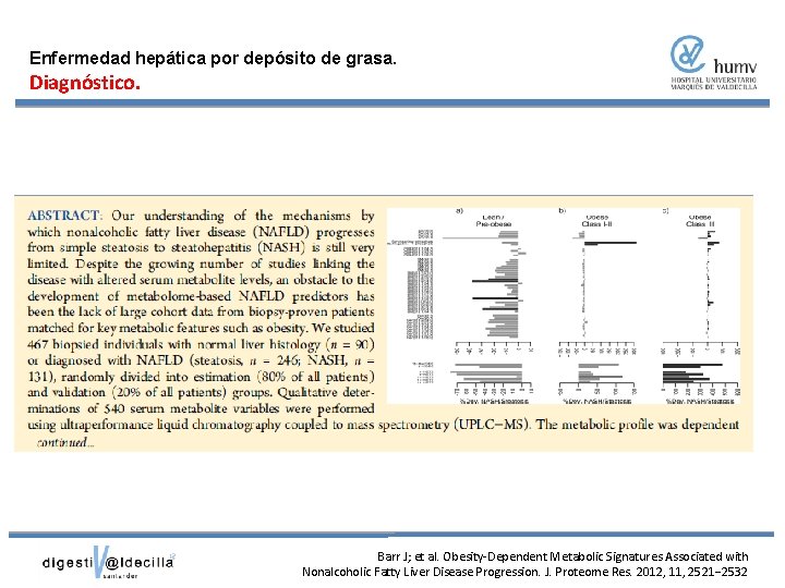 Enfermedad hepática por depósito de grasa. Diagnóstico. Barr J; et al. Obesity-Dependent Metabolic Signatures