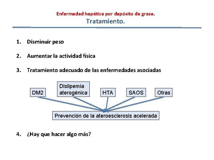 Enfermedad hepática por depósito de grasa. Tratamiento. 1. Disminuir peso 2. Aumentar la actividad