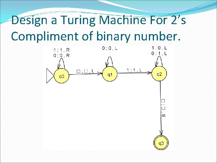 Design a Turing Machine For 2’s Compliment of binary number. 