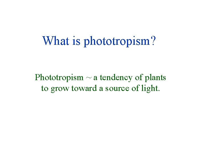 What is phototropism? Phototropism ~ a tendency of plants to grow toward a source