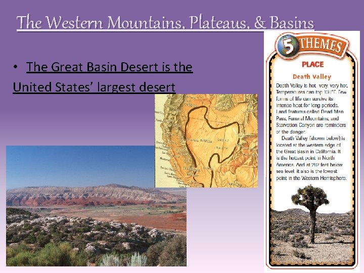 The Western Mountains, Plateaus, & Basins • The Great Basin Desert is the United