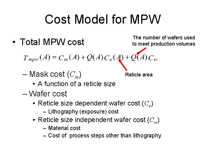 Cost Model for MPW • Total MPW cost – Mask cost (Cm) The number