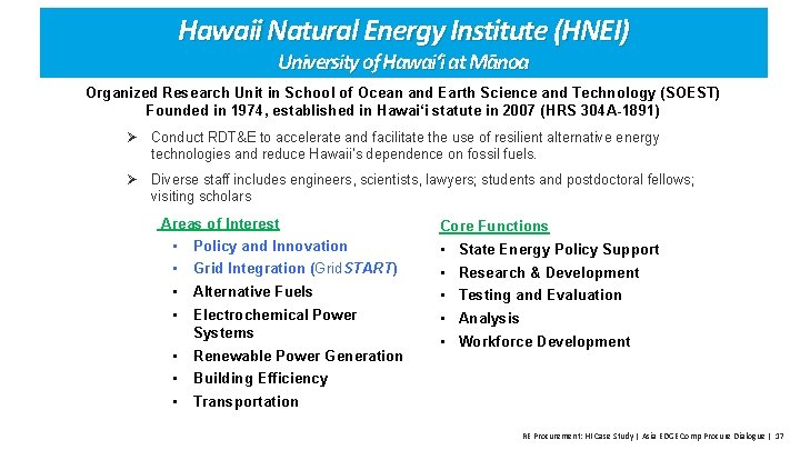 Hawaii Natural Energy Institute (HNEI) University of Hawai‘i at Mānoa Organized Research Unit in