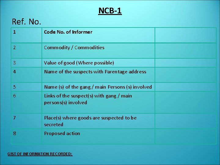 NCB-1 Ref. No. 1 Code No. of Informer 2 Commodity / Commodities 3 Value