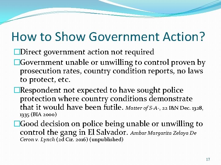 How to Show Government Action? �Direct government action not required �Government unable or unwilling How to Show Government Action? �Direct government action not required �Government unable or unwilling