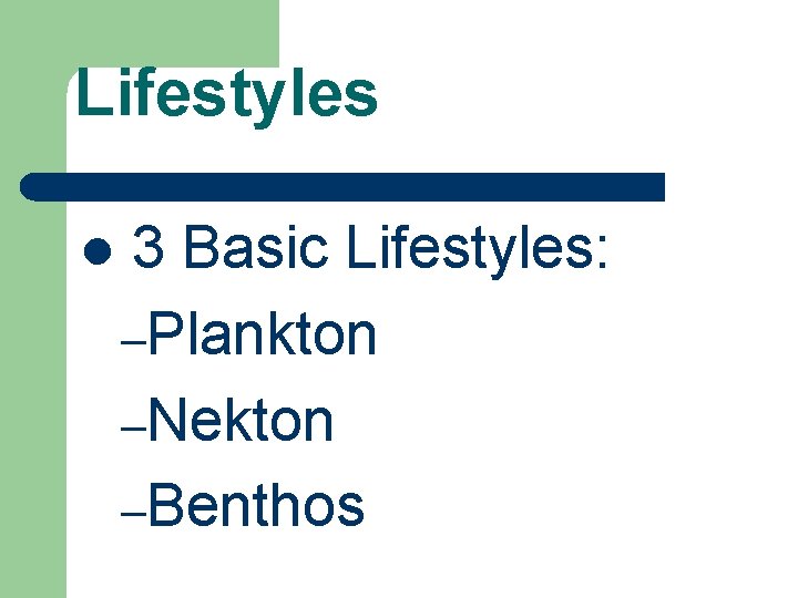 Lifestyles l 3 Basic Lifestyles: –Plankton –Nekton –Benthos 