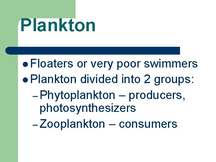 Plankton l Floaters or very poor swimmers l Plankton divided into 2 groups: –