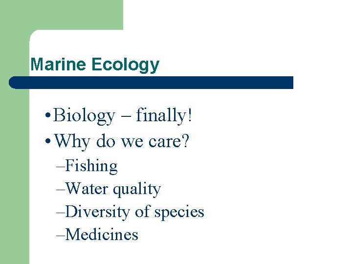 Marine Ecology • Biology – finally! • Why do we care? –Fishing –Water quality