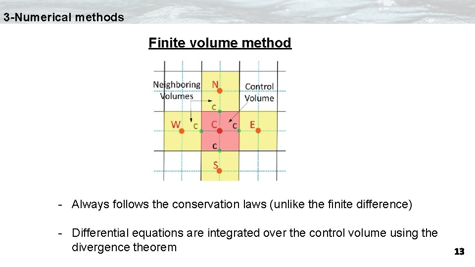 3 -Numerical methods Finite volume method - Always follows the conservation laws (unlike the