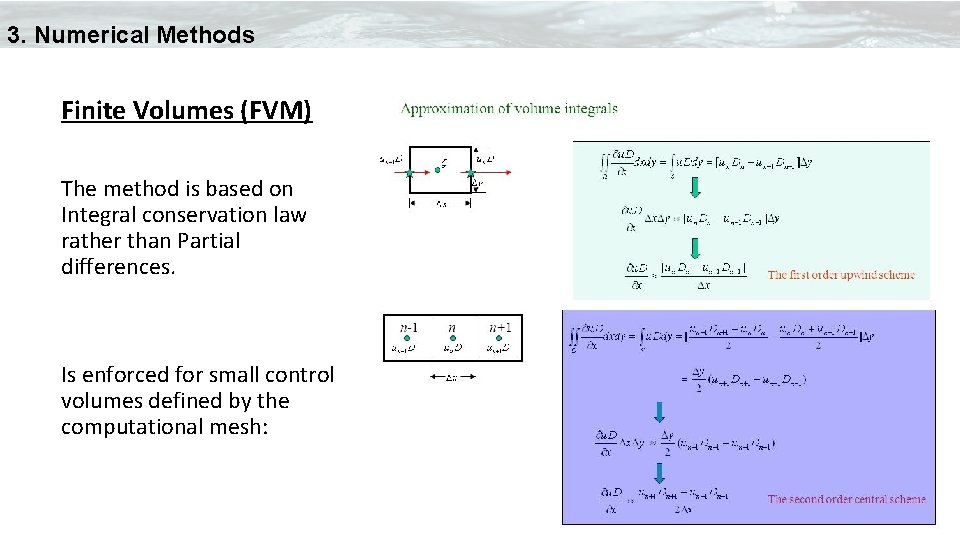 3. Numerical Methods Finite Volumes (FVM) The method is based on Integral conservation law