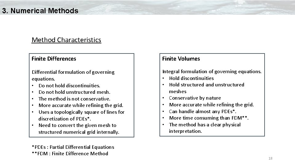 3. Numerical Methods Method Characteristics Finite Differences Finite Volumes Differential formulation of governing equations.