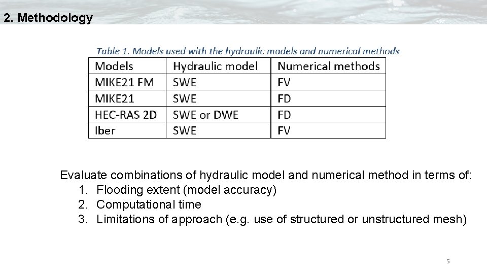 2. Methodology Evaluate combinations of hydraulic model and numerical method in terms of: 1.