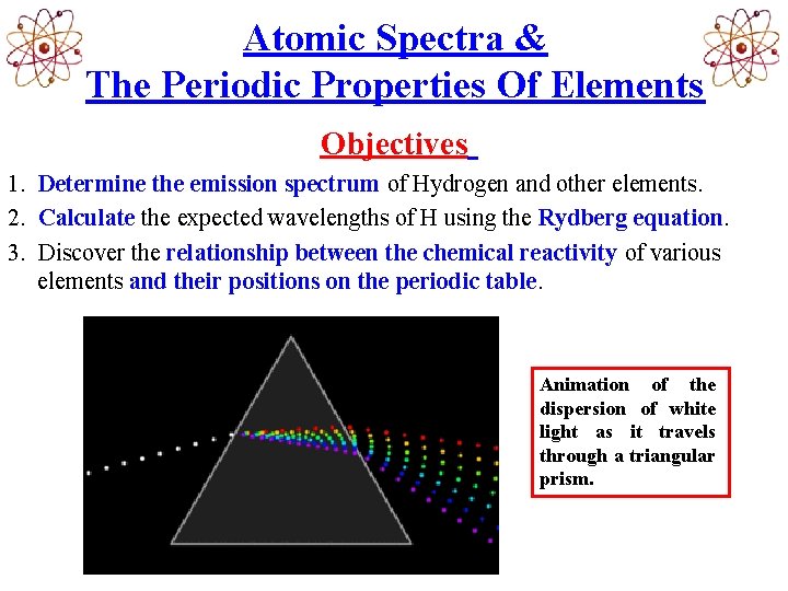 Atomic Spectra & The Periodic Properties Of Elements Objectives 1. Determine the emission spectrum
