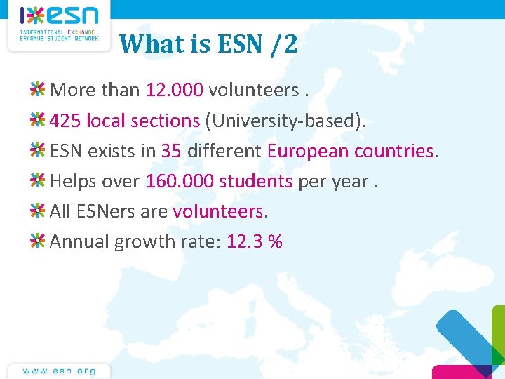 What is ESN /2 More than 12. 000 volunteers. 425 local sections (University-based). ESN