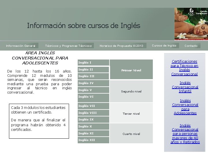 Información sobre cursos de Inglés Información General Técnicos y Programas Técnicos ÁREA INGLÉS CONVERSACIONAL