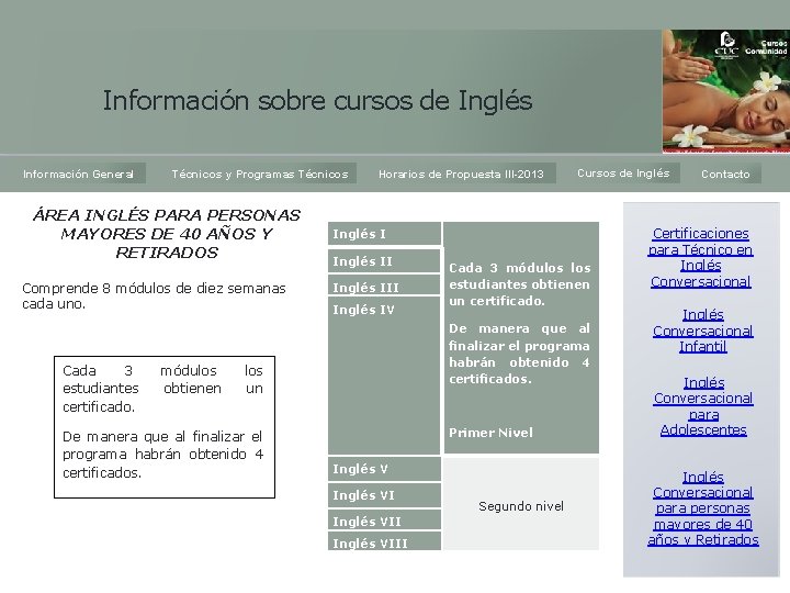Información sobre cursos de Inglés Información General Técnicos y Programas Técnicos ÁREA INGLÉS PARA