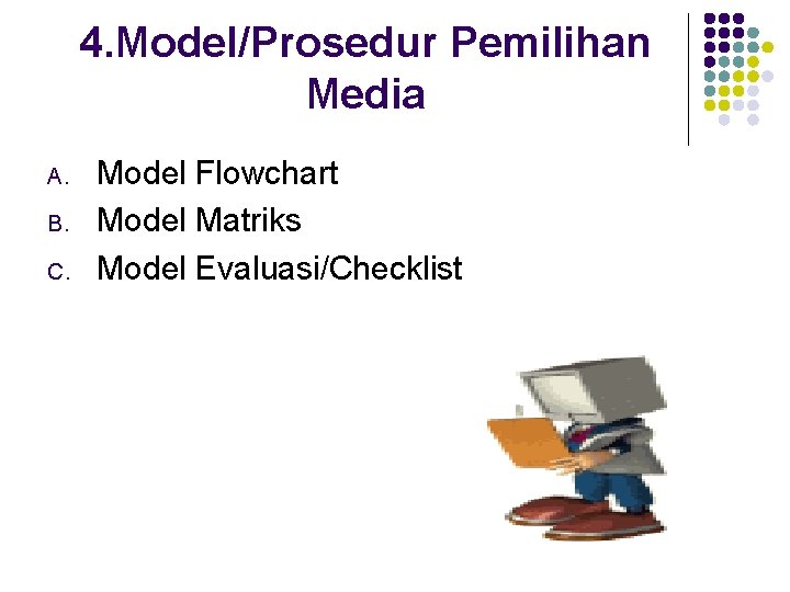 4. Model/Prosedur Pemilihan Media A. B. C. Model Flowchart Model Matriks Model Evaluasi/Checklist 