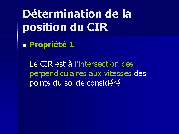 Détermination de la position du CIR n Propriété 1 Le CIR est à l’intersection