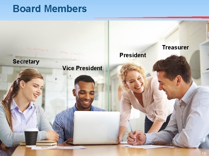 Board Members Treasurer President Secretary Vice President 14 
