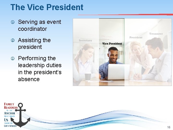 The Vice President Serving as event coordinator Assisting the president Performing the leadership duties