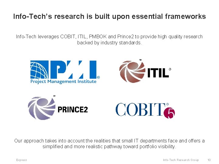 Info-Tech’s research is built upon essential frameworks Info-Tech leverages COBIT, ITIL, PMBOK and Prince