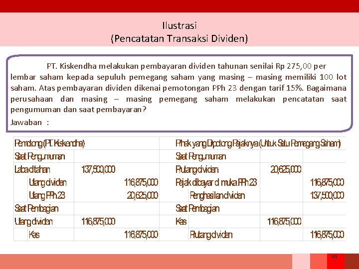 Ilustrasi (Pencatatan Transaksi Dividen) PT. Kiskendha melakukan pembayaran dividen tahunan senilai Rp 275, 00